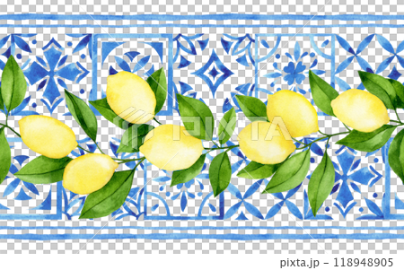 watercolor seamless border with blue damask tiles and ripe lemons. 118948905