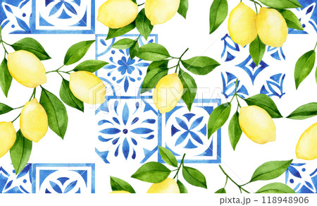 watercolor seamless pattern with blue damask tiles and ripe lemons. 118948906