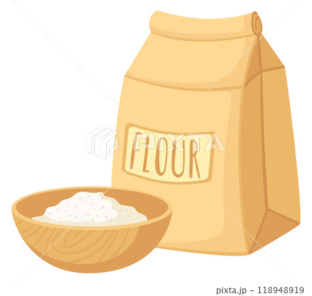Flour bag cartoon icon. Baking ingredient bowl Flour bag cartoon icon. Baking ingredient bowl 118948919