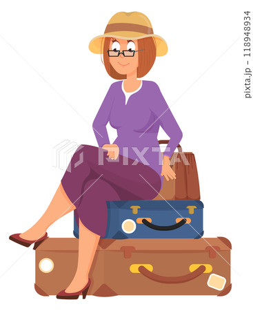 Woman sit on baggage. Person waiting departure in airport 118948934