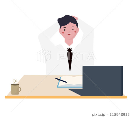 背伸びをするビジネスマン。仕事中ストレッチをするスーツの男性。ベクターイラスト 背伸びをするビジネスマン。仕事中ストレッチをするスーツの男性。ベクターイラスト 118948935