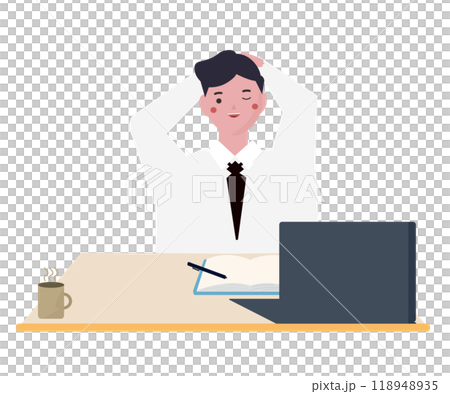 背伸びをするビジネスマン。仕事中ストレッチをするスーツの男性。ベクターイラスト 背伸びをするビジネスマン。仕事中ストレッチをするスーツの男性。ベクターイラスト 118948935