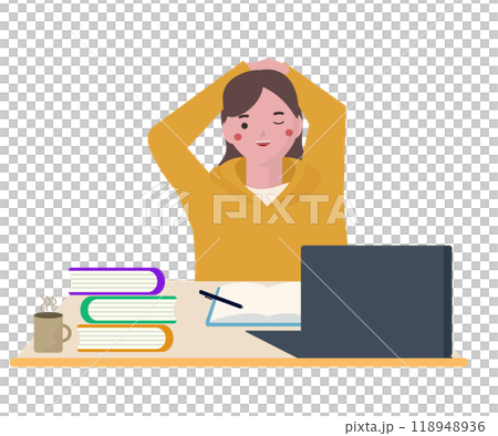 A woman stretching while studying. Vector illustration A woman stretching while studying. Vector illustration 118948936