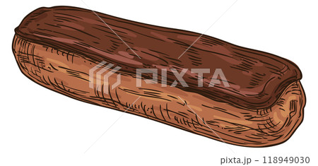 Sweet eclair. Chocolate baked pastry color sketch Sweet eclair. Chocolate baked pastry color sketch 118949030
