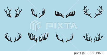 Deer antlers collection isolated on blue background. 118949698