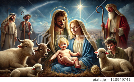 Oil classic painting representing the holy family. Nativity scene in Bethlehem. Christmas scene illustration showing holy family with Joseph Mary baby Jesus - shepherds and sheep 118949741