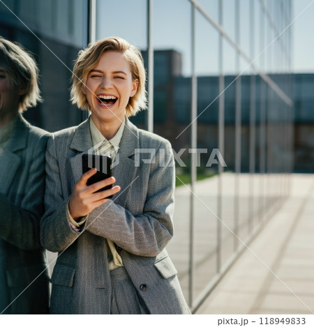 A businesswoman stands by a glass office wall, laughing while looking at her phone as the city reflects behind her, exuding professionalism and happiness. 118949833
