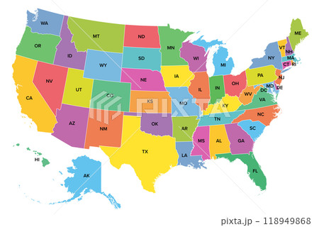The United States of America, multi colored political map with the silhouettes of 50 states and postal abbreviations, and with the federal District of Columbia, as it is used for statistics. Vector. 118949868
