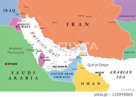 Persian Gulf region, multi colored political map. Arabian Gulf, a sea in West Asia, located between Iran and the Arabian Peninsula, connected to the Gulf of Oman in the east by the Strait of Hormuz. 118949869