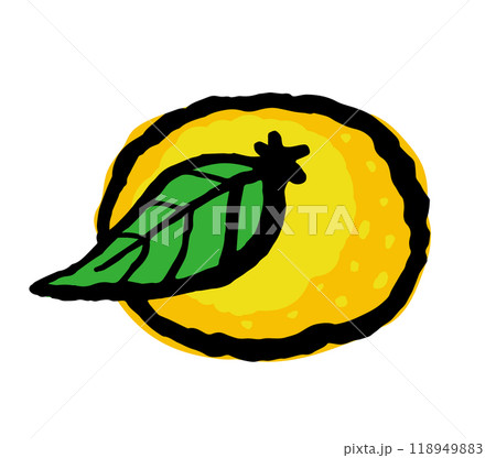 Mandarin or yuzu fruit hand drawn traditional asian style. Vector bold rough line color doodle illustration. 118949883