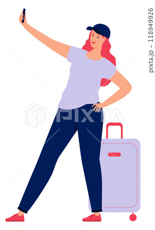 Young woman make selfie with travel bags. Attractive lifestyle Young woman make selfie with travel bags. Attractive lifestyle 118949926