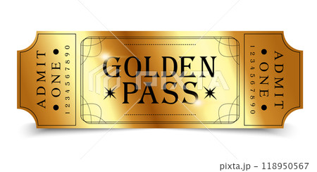 Design of Golden pass template. Suitable for festival, cinema, theater, concert, casino, circus, event tickets. Vector illustration 118950567