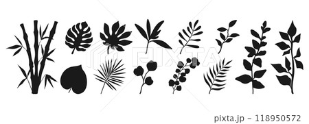 Set of various plants silhouettes. Branches, leaves and botanical elements isolated on white background. Vector illustration Set of various plants silhouettes. Branches, leaves and botanical elements isolated on white background. Vector illustration 118950572