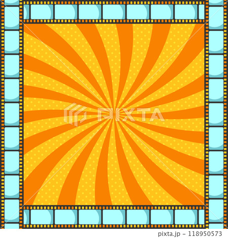 Pop art orange cinema background decorated with long film strip frame. Vector illustration Pop art orange cinema background decorated with long film strip frame. Vector illustration 118950573