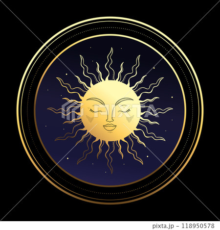 Round celestial emblem with a golden sun on blue sky background with shiny stars. Vector illustration 118950578