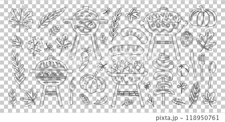 Set of isolated cute barbecues elements in doodle hand drawn style on a transparent background. Vol.1 : Black outline 118950761