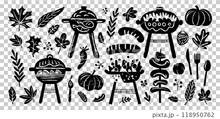 Set of isolated cute barbecues elements in doodle hand drawn style on a transparent background. Vol.1 : Black silhouette 118950762