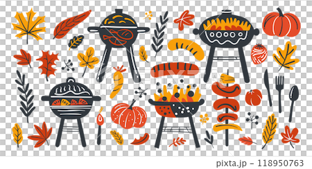 Set of isolated cute barbecues elements in doodle hand drawn style on a transparent background. Vol.1 : Red, orange and black color tone. 118950763