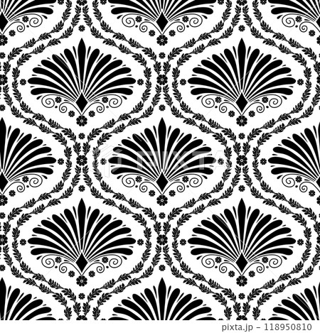 Seamless pattern with black anthemion floral shapes and ogee geometrical motifs on a white background Seamless pattern with black anthemion floral shapes and ogee geometrical motifs on a white background 118950810