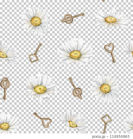 Seamless pattern with watercolor chamomile and gold key. Hand drawn illustration of daisy. White blossom flowers on isolated background. Drawing summer wildflowers botanical for textile. Seamless pattern with watercolor chamomile and gold key. Hand drawn illustration of daisy. White blossom flowers on isolated background. Drawing summer wildflowers botanical for textile. 118950865