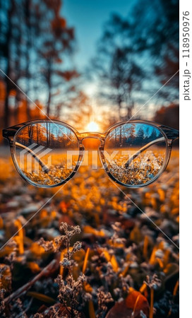 Focused perspective through a pair of eyeglasses. Clear vision through glasses 118950976