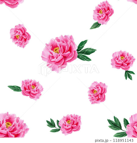 Seamless pattern with pink peony and green leaves. Watercolor illustration on white background. For wrapping paper, textile, packaging, design, fabric 118951143