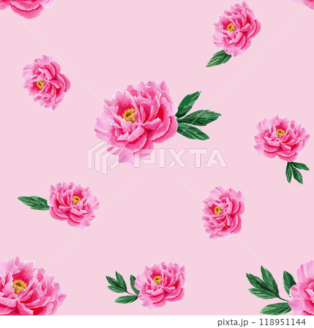 Seamless pattern with pink peony and green leaves. Watercolor illustration on pink background. For wrapping paper, textile, packaging, design, fabric Seamless pattern with pink peony and green leaves. Watercolor illustration on pink background. For wrapping paper, textile, packaging, design, fabric 118951144