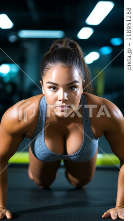 Determined Woman Doing Push-Ups in Gray Sportswear at Gym 118951288