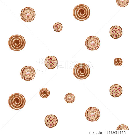 Seamless pattern with vintage buttons. Watercolor illustration on white background. For wrapping paper, textile, wallpaper, packaging, design, fabric 118951333