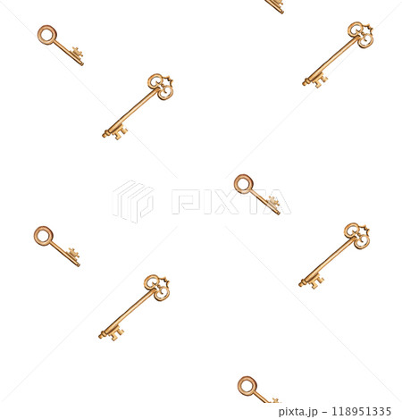 Seamless pattern with vintage keys. Watercolor illustration on white background. For wrapping paper, textile, wallpaper, packaging, design, fabric 118951335