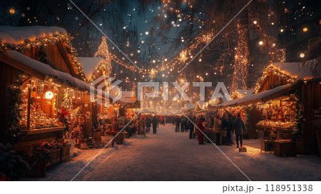 Festive outdoor Christmas market with twinkling lights and snow-covered stalls. AI Generative 118951338