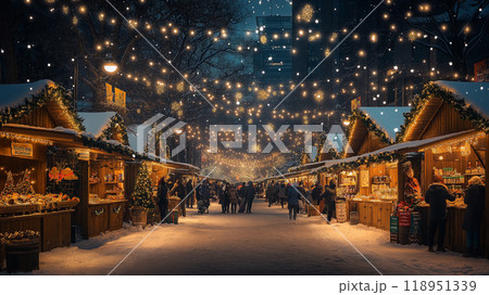 Festive outdoor Christmas market with twinkling lights and snow-covered stalls. AI Generative 118951339