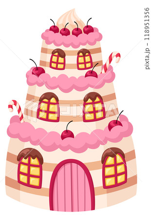 Cake house. Cartoon dessert home. Pastry castle Cake house. Cartoon dessert home. Pastry castle 118951356