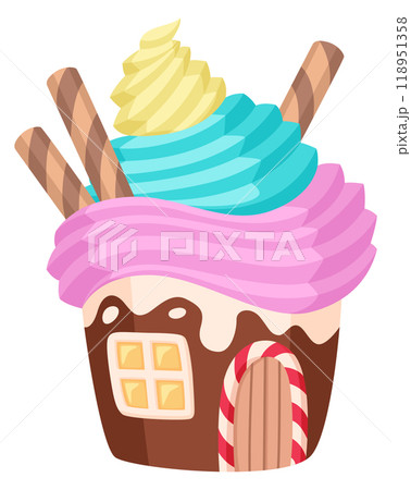 Cupcake house. Fairytale dessert. Fantasy cartoon building 118951358