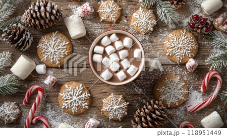 Festive Christmas Flat Lay with Cookies, Candy Canes, Pine Cones, and Hot Cocoa with Marshmallows 118951449