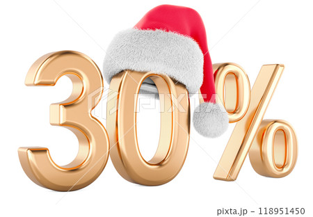 30 percent with Santa Claus Christmas hat. Christmas Sale and Discount concept. 3D rendering 118951450