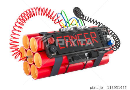 Cancer concept. Time bomb explosive with cancer word on timer, 3D rendering Cancer concept. Time bomb explosive with cancer word on timer, 3D rendering 118951455