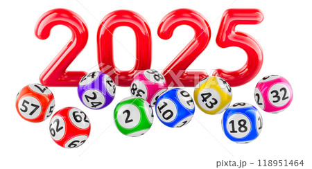 Lottery 2025 with colored lottery balls, 3D rendering Lottery 2025 with colored lottery balls, 3D rendering 118951464