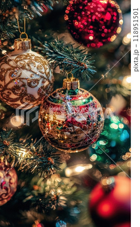 Festive Christmas Tree with Colorful Baubles and Shimmering Lights for Holiday Decoration 118951501