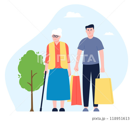 Man help old woman with shopping bags. Senior care Man help old woman with shopping bags. Senior care 118951613