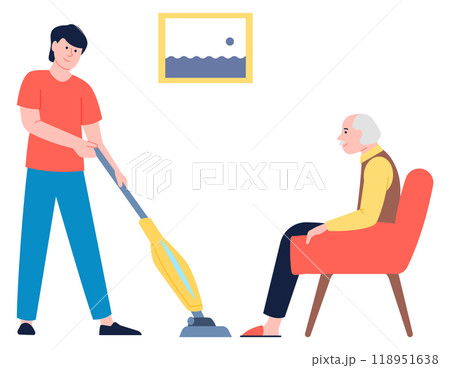 Senior help. Man vacuum cleaning floor for old man Senior help. Man vacuum cleaning floor for old man 118951638