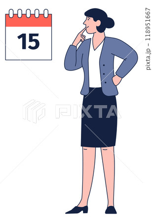 Woman think of deadline day. Working calendar color icon Woman think of deadline day. Working calendar color icon 118951667