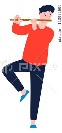 Man play flute. Musician practice or concert performance 118951699