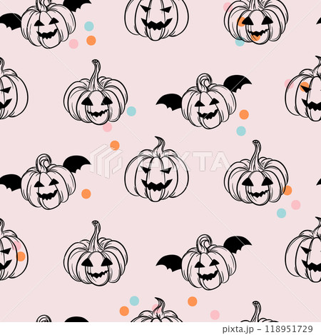 Halloween Pumpkins simple pale pink and black seamless pattern with confetti dots. Cute pumpkins October fall festive background for wallpaper, wrap, and textile texture print. 118951729