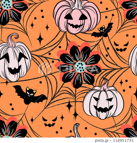 Halloween cute Pumpkin, flowers and spider web Seamless Pattern texture. Modern pink, orange and black girlish Background. Floral holiday Print colors for textile, wrapping paper, wallpaper, web 118951733