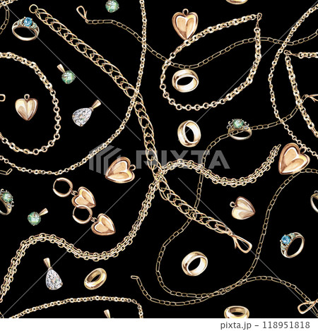 Seamless pattern of tangled chains, pendants, rings, bracelets on a black background. Watercolor illustration for gift wrap design, fabric printing, window dressing and headbands Seamless pattern of tangled chains, pendants, rings, bracelets on a black background. Watercolor illustration for gift wrap design, fabric printing, window dressing and headbands 118951818