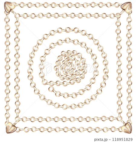 Decorative frame of gold chains twisted in the center. Isolated watercolor illustration for design, magazines, web pages, jewelry blogs, sales, pawn shops 118951829