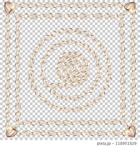 Decorative frame of gold chains twisted in the center. Isolated watercolor illustration for design, magazines, web pages, jewelry blogs, sales, pawn shops 118951829