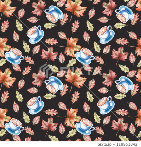 Cup of cappuccino with autumn leaves in seamless pattern on black background. Isolated watercolor illustration for seasonal design of coffee shops, menus, advertising signs, sales 118951842