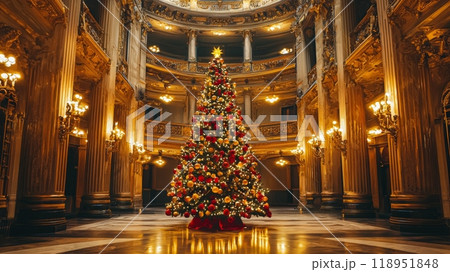 Elegant Christmas Tree in a Grand Opera House with Gold and Red Ornaments for Holiday Celebrations 118951848